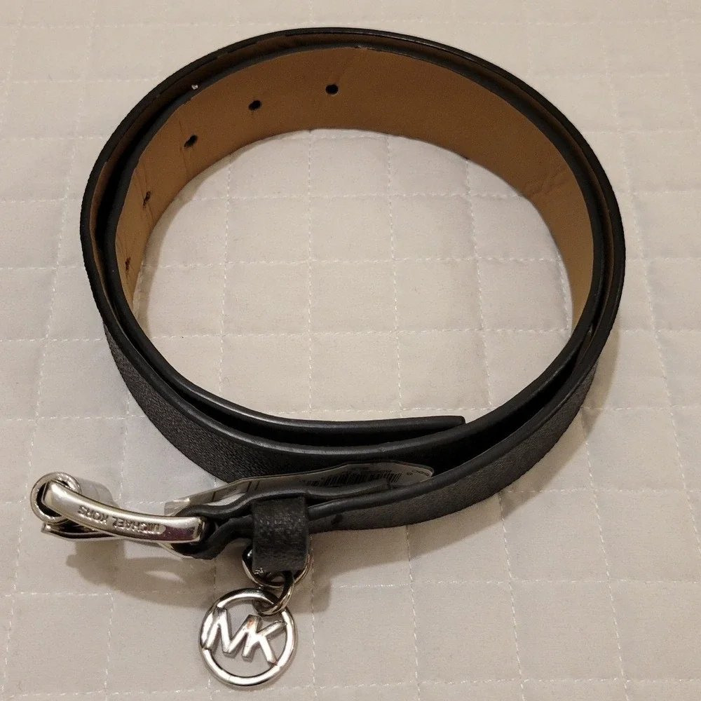Michael Kors Womens Black Monogram Logo Belt Silver Buckle MK Charm 553559C Prep